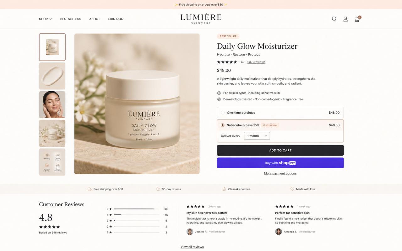 Lumière Skincare — Shopify + Recharge Subscriptions Shopify store built by Trafixel