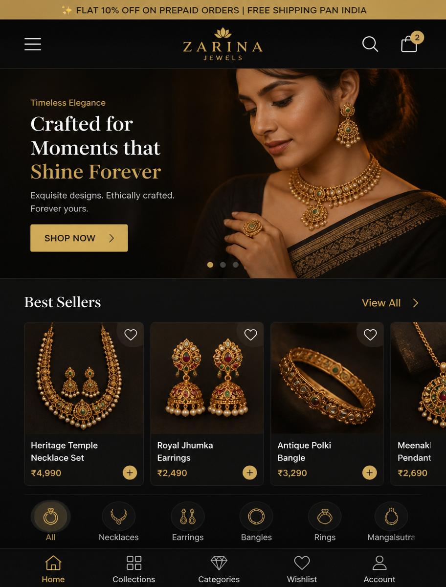 Zarina Jewels — Custom mobile-first theme Shopify store built by Trafixel