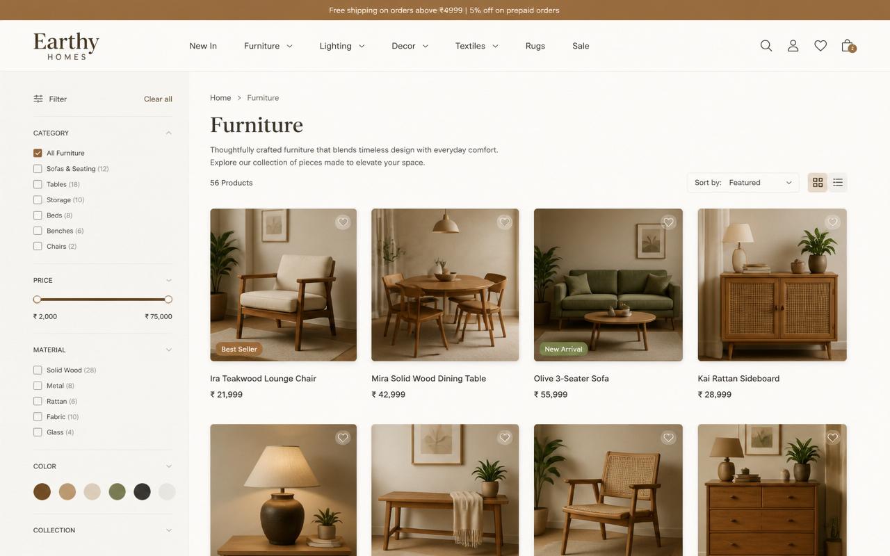 Earthy Homes — Shopify 2.0 + Search filters Shopify store built by Trafixel