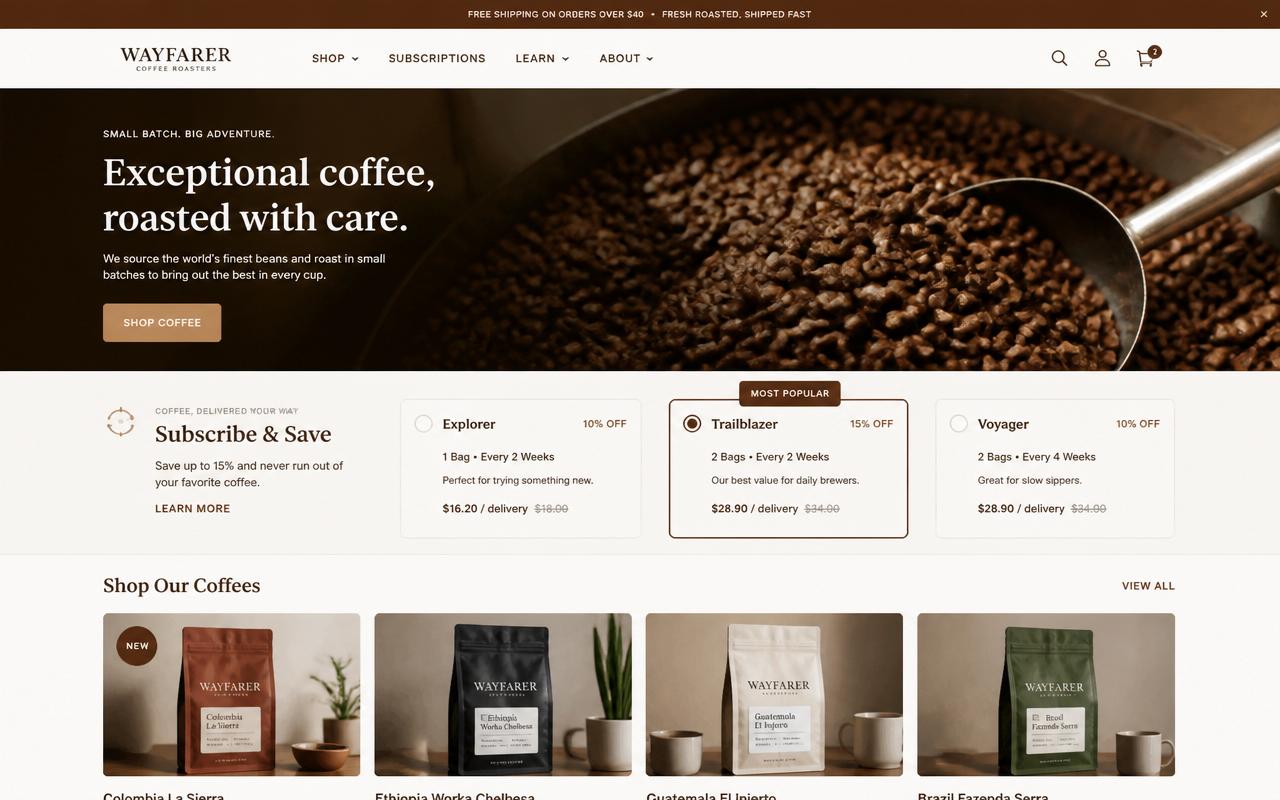 Wayfarer Coffee — Shopify + Klaviyo lifecycle Shopify store built by Trafixel