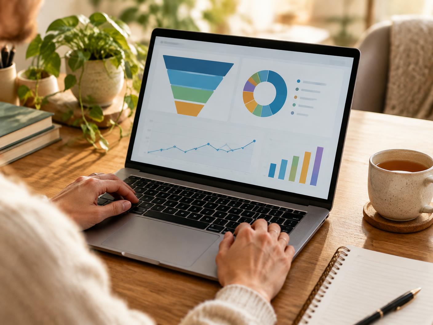 Practice owner reviewing enquiry sources and booking reports on a laptop