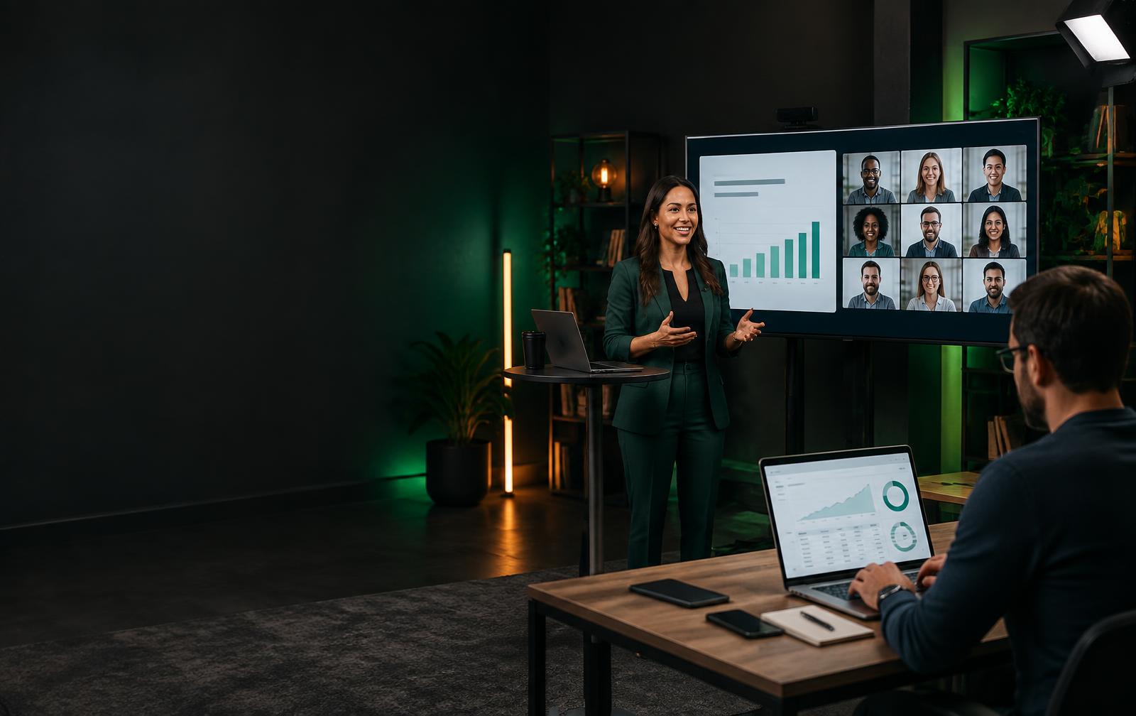 Coach presenting a live webinar while a strategist reviews audience performance