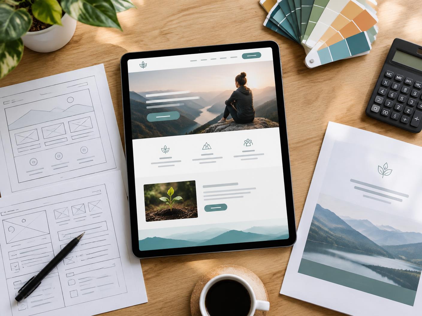 Tablet showing a coaching website layout beside wireframes, swatches and a proposal